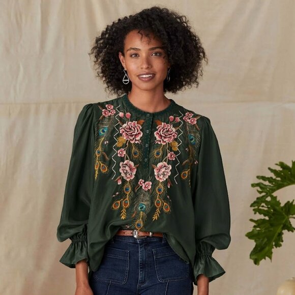 Johnny Was 100% Silk Quito Victorian Blouse Embroidered Green L - Picture 1 of 12